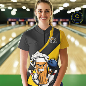 Custom Grunge Yellow Funny Bowling And Beer Women Quarter-Zip Shirt, Bowling Team Uniform IPHW9608