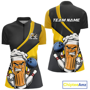 Custom Grunge Yellow Funny Bowling And Beer Women Quarter-Zip Shirt, Bowling Team Uniform IPHW9608