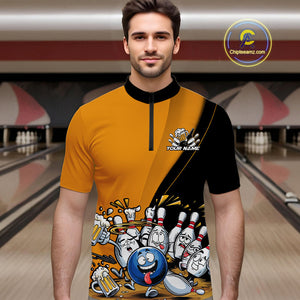 Custom Yellow Funny Bowling Men Quarter-Zip Shirts, Bowling And Beer Party Bowlers Outfit IPHW9610