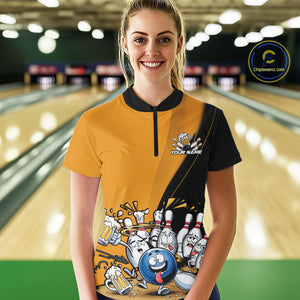 Custom Yellow Funny Bowling Women Quarter-Zip Shirt, Bowling And Beer Party Bowler Outfit IPHW9610