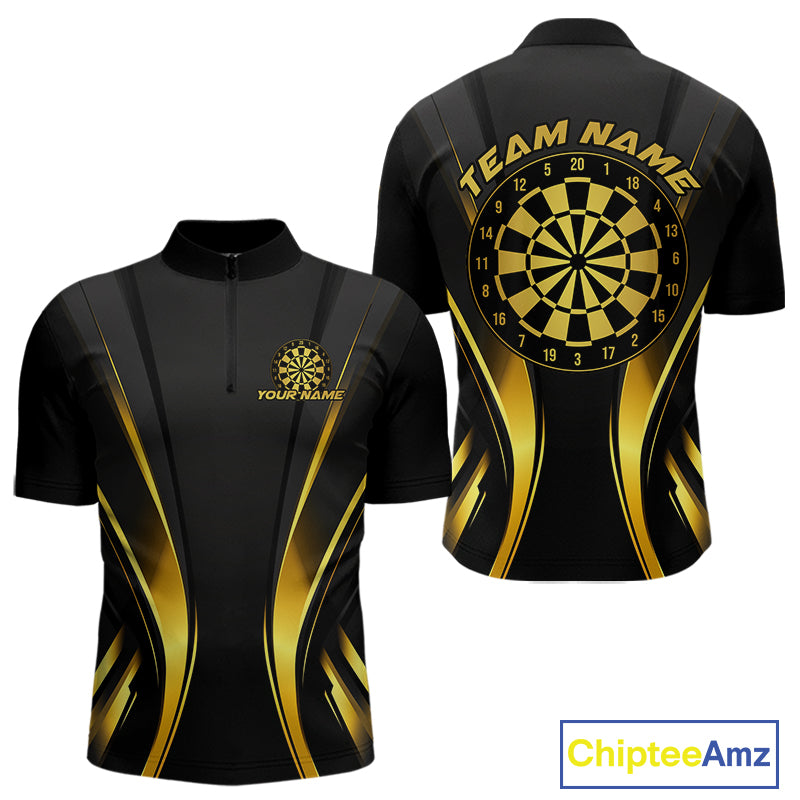 Custom Black And Gold Dartboard Dart Team Men Quarter-Zip Shirt, Golden Dart Outfits IPHW9979