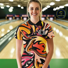 Load image into Gallery viewer, Woman wearing a colorful bowling shirt with a bowling alley in the background