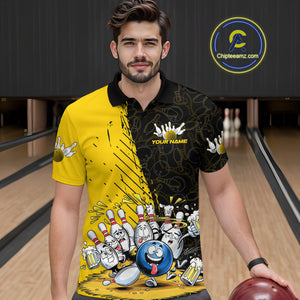 Custom Yellow Funny Bowling Men Polo Shirts, Bowling And Beer Party Bowlers Outfit IPHW9828