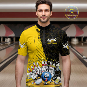 Custom Yellow Funny Bowling Men Quarter-Zip Shirts, Bowling And Beer Party Bowlers Outfit IPHW9828