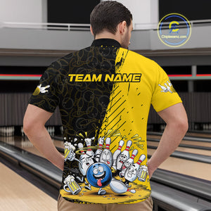 Custom Yellow Funny Bowling Men Quarter-Zip Shirts, Bowling And Beer Party Bowlers Outfit IPHW9828
