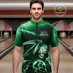 Custom Green Lightning Grim Reaper Bowling Quarter-Zip Shirts For Men, Halloween Bowling Jerseys IPHW9844