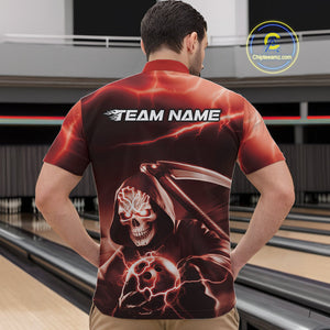 Custom Red Lightning Grim Reaper Bowling Quarter-Zip Shirts For Men, Halloween Bowling Jerseys IPHW9845