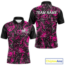 Load image into Gallery viewer, Front and back views of a black polo shirt with hot pink paint-splatter graphics, personalized with “Your Name” on the chest and “Team Name” across the back.
