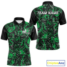 Load image into Gallery viewer, Front and back views of a black polo shirt with jade green paint-splatter graphics, personalized with “Your Name” on the chest and “Team Name” across the back.
