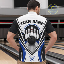 Load image into Gallery viewer, Front view of a male model in a white, black, and blue bowling quarter zip shirt featuring bowling-themed graphics of a bowling ball hitting the pins at a bowling lane.