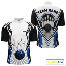 Load image into Gallery viewer, Front and back views of a men's bowling quarter-zip shirt mockup featuring bowling ball and pins artwork in white, black, and blue.