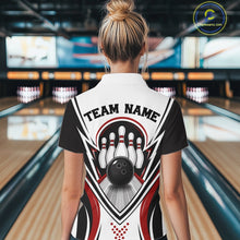 Load image into Gallery viewer, Back view of a female model in a bowling venue wearing a white, black, and red bowling polo shirt featuring bowling ball and pins graphics.