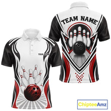 Load image into Gallery viewer, Front and back views of a men's bowling polo shirt mockup featuring bowling-themed graphics with a bowling ball and pins in white, black, and red.