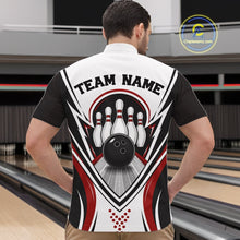 Load image into Gallery viewer, Front view of a male model wearing a white, black, and red bowling quarter zip shirt with bowling strike artwork of a bowling ball and pins in a bowling lane.