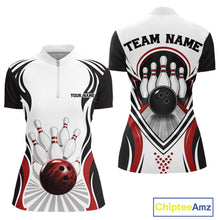 Load image into Gallery viewer, Front and back views of a women's bowling quarter-zip shirt mockup showcasing bowling ball and pins graphics in white, black, and red.