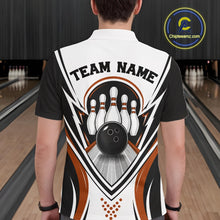 Load image into Gallery viewer, Back view of a male model wearing a white, black, and orange bowling polo shirt featuring bowling ball and pins graphics inside a bowling lane.