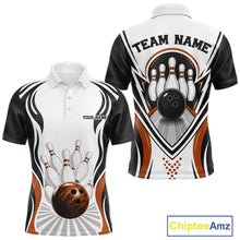 Load image into Gallery viewer, Front and back views of a men's bowling polo shirt mockup with bowling ball knocking down pins artwork in white, black, and orange.