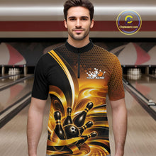 Load image into Gallery viewer, Male model at the bowling lane wearing a bowling quarter-zip shirt, front view, with glossy gold and black bowling ball and pins graphics.
