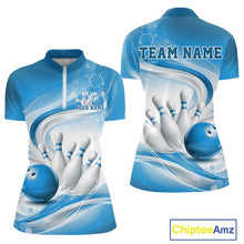 Load image into Gallery viewer, Custom Blue Halftone Dots Hexagon Bowling Team Jerseys, Women Quarter-Zip Bowling Shirt IPHW11376
