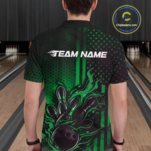Load image into Gallery viewer, Custom Green Patrotic Flame Bowling Men Polo Shirt, US Flag Bowling Jersey IPHW11157