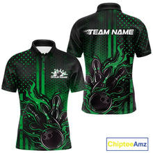 Load image into Gallery viewer, Custom Green Patrotic Flame Bowling Men Polo Shirt, US Flag Bowling Jersey IPHW11157