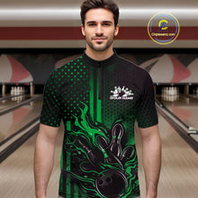 Load image into Gallery viewer, Custom Green Patrotic Flame Bowling Men Quarter-Zip Shirt, US Flag Bowling Jersey IPHW11157