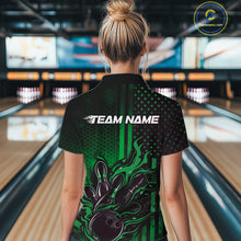 Load image into Gallery viewer, Custom Green Patrotic Flame Bowling Women Quarter-Zip Shirt, US Flag Bowling Jersey IPHW11157