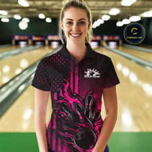 Load image into Gallery viewer, Custom Pink Patrotic Flame Bowling Women Polo Shirt, US Flag Bowling Jersey IPHW11159