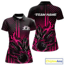 Load image into Gallery viewer, Custom Pink Patrotic Flame Bowling Women Polo Shirt, US Flag Bowling Jersey IPHW11159