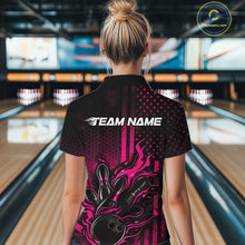 Load image into Gallery viewer, Custom Pink Patrotic Flame Bowling Women Quarter-Zip Shirt, US Flag Bowling Jersey IPHW11159