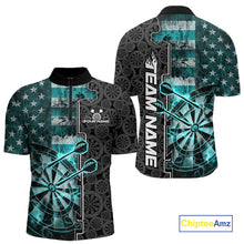 Load image into Gallery viewer, Custom Turquoise Blue Lightning US Flag Dartboard Patriotic Dart Team Men Quarter-Zip Shirt IPHW10391