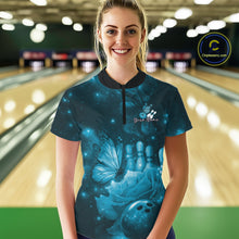 Load image into Gallery viewer, Custom Blue Butterfly And Roses Bowling Women Quarter-Zip Shirts, Ladies Bowling Team IPHW10880