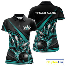Load image into Gallery viewer, Custom Turquoise Blue Flame Bowling Team Jersey, Bowling Tournament Women Polo Shirt IPHW11210