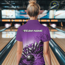 Load image into Gallery viewer, Custom Purple Flame Bowling Tournament Women Polo Team Shirt, Fire Bowling League Shirt IPHW11217