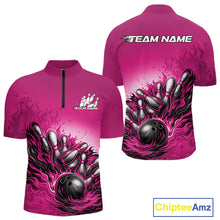 Load image into Gallery viewer, Custom Pink Flame Bowling Tournament Men Quarter-Zip Team Shirt, Fire Bowling League Shirt IPHW11218