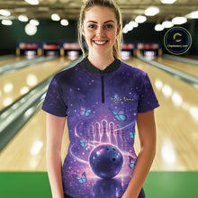 Load image into Gallery viewer, Custom Blue And Purple Butterfly Women Bowling Shirt, Ladies Bowling League Shirt IPHW10925