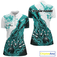 Load image into Gallery viewer, Custom Turquoise Blue Flame Bowling Women Quarter-Zip Shirt, Bowling League Shirt IPHW11244