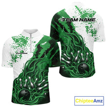 Load image into Gallery viewer, Custom Green Flame Bowling Men Quarter-Zip Shirt, Bowling Team League Shirt Bowler Jerseys IPHW11246