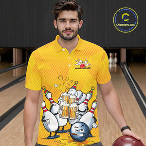 Custom Funny Bowling And Beer Men Polo Shirts, Bowling Ball And Pins Party Jerseys IPHW9827