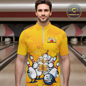 Custom Funny Bowling And Beer Men Quarter-Zip Shirts, Bowling Ball And Pins Party Jerseys IPHW9827