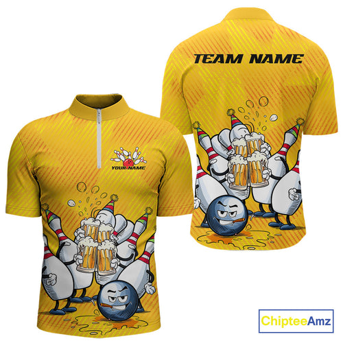 Custom Funny Bowling And Beer Men Quarter-Zip Shirts, Bowling Ball And Pins Party Jerseys IPHW9827