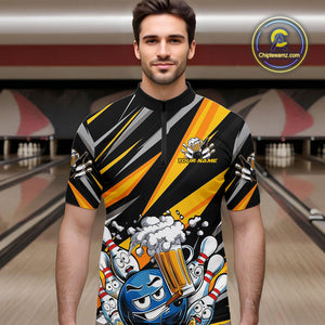 Custom Black And Yellow Funny Bowling And Beer Party Quarter-Zip Shirts For Men, Bowler Outfit IPHW9830