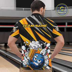 Custom Black And Yellow Funny Bowling And Beer Party Quarter-Zip Shirts For Men, Bowler Outfit IPHW9830