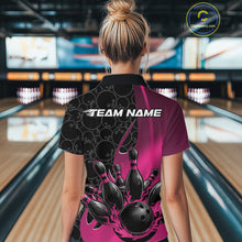 Load image into Gallery viewer, Custom Black And Pink Flame Bowling Team Women Polo Shirt, Bowling Ball Pattern Jerseys IPHW11280