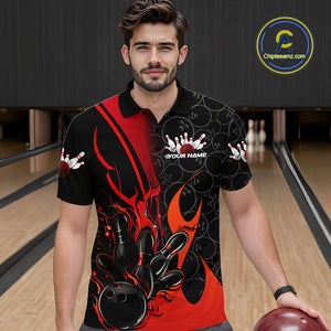 Custom Red Flame Bowling Pattern Bowling Men Polo Shirt, Bowling Team League Shirt IPHW9881