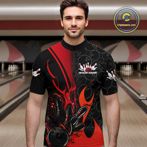 Custom Red Flame Bowling Pattern Bowling Men Quarter-Zip Shirt, Bowling Team League Shirt IPHW9881