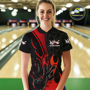 Custom Red Flame Bowling Pattern Bowling Women Quarter-Zip Shirt, Bowling League Shirt IPHW9881