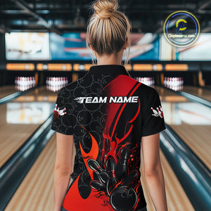 Custom Red Flame Bowling Pattern Bowling Women Quarter-Zip Shirt, Bowling League Shirt IPHW9881