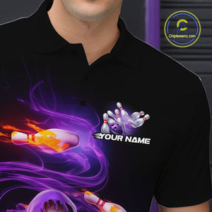 Custom Purple Flame Skeleton Grim Reaper Bowling Men Polo Shirt, Halloween Bowling Jersey IPHW9894