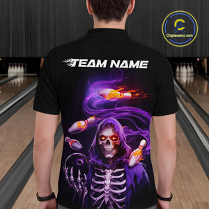 Custom Purple Flame Skeleton Grim Reaper Bowling Men Polo Shirt, Halloween Bowling Jersey IPHW9894